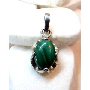 Vintage Genuine Malachite Sterling Silver Pendant  Handmade OOAK Modernist
